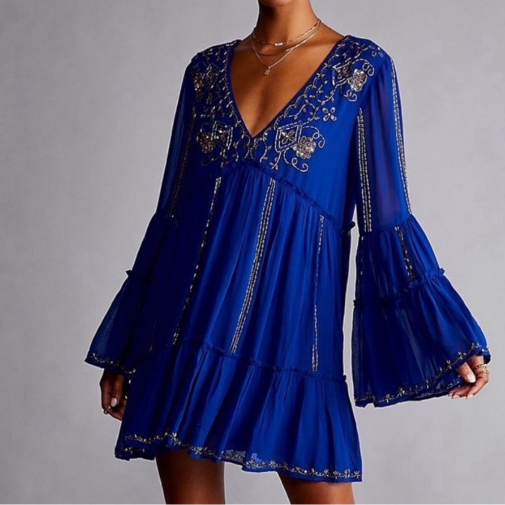 NWT New Free People Mini Dress Fall Boho Blue Beaded California Dreams